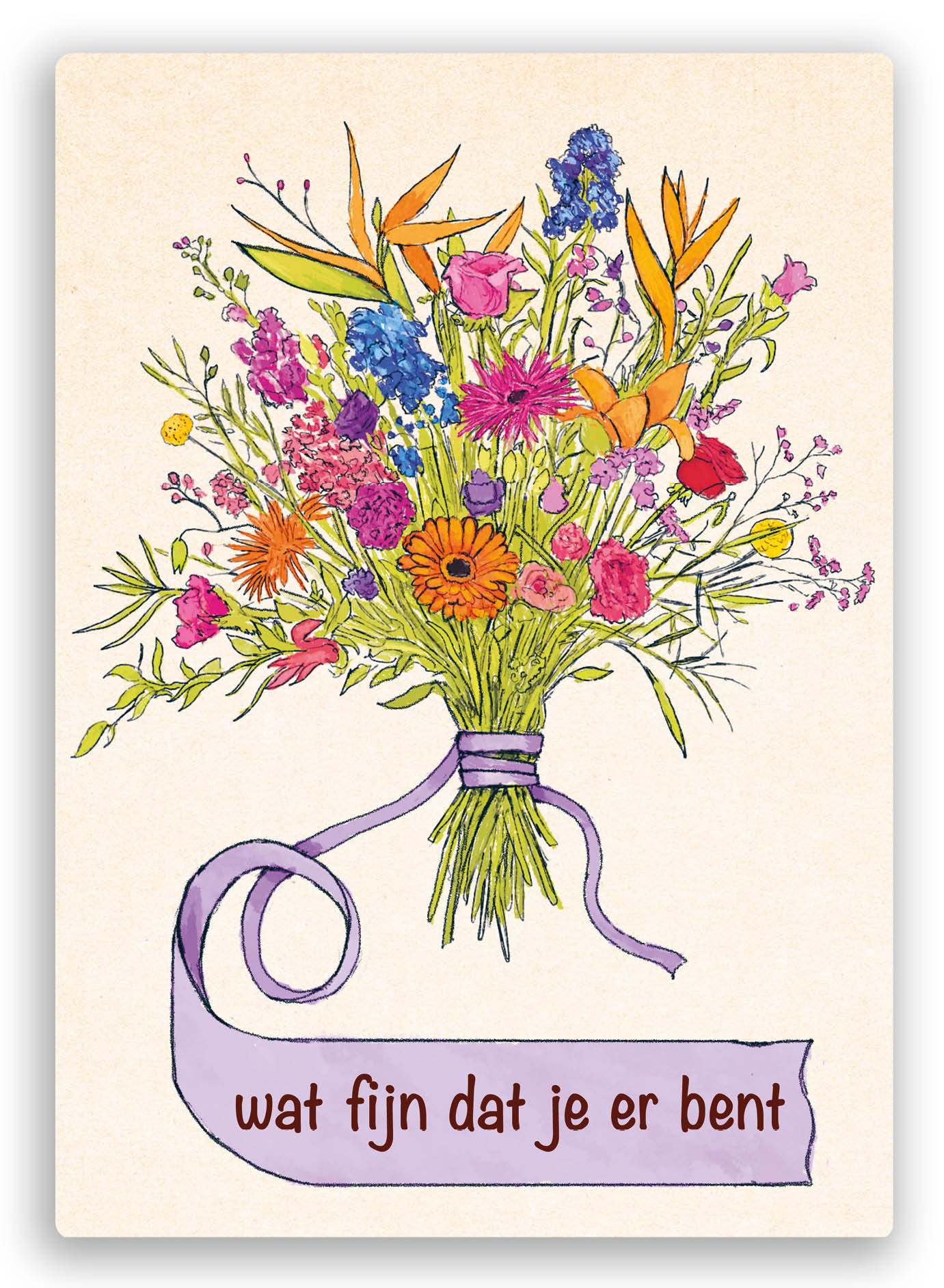 duurzame postkaart van een boeket - bloemen - met de tekst wat fijn dat je er bent
