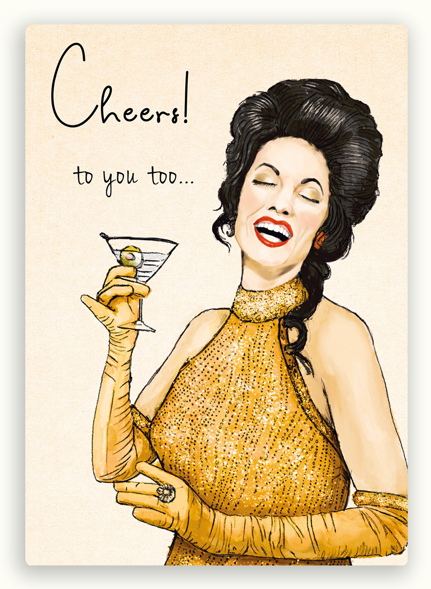 postkaart van een vrouw in jurk met een martini in hand met de tekst proost op jou!