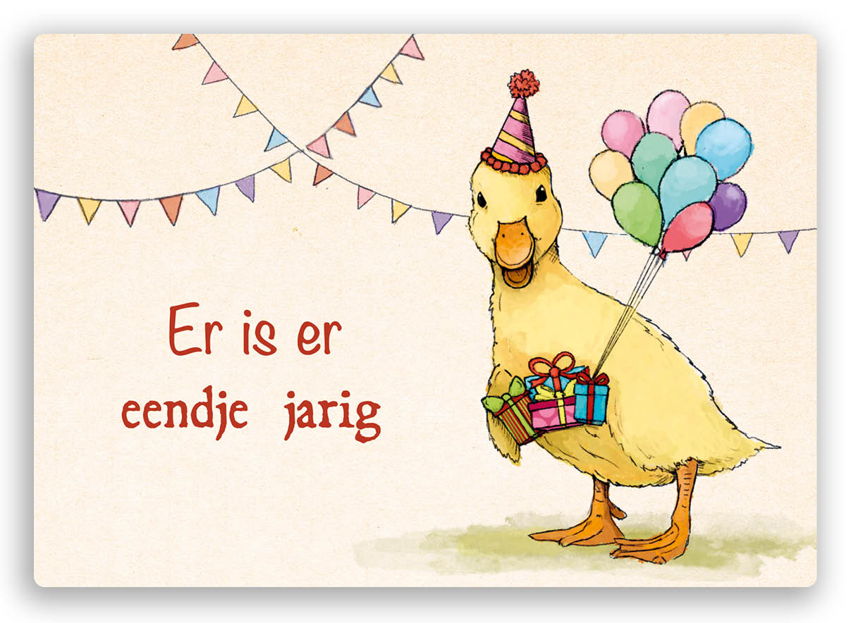 kleurrijke verjaardagskaart met afbeelding van een eendje en de woordgrap er is er eendje jarig