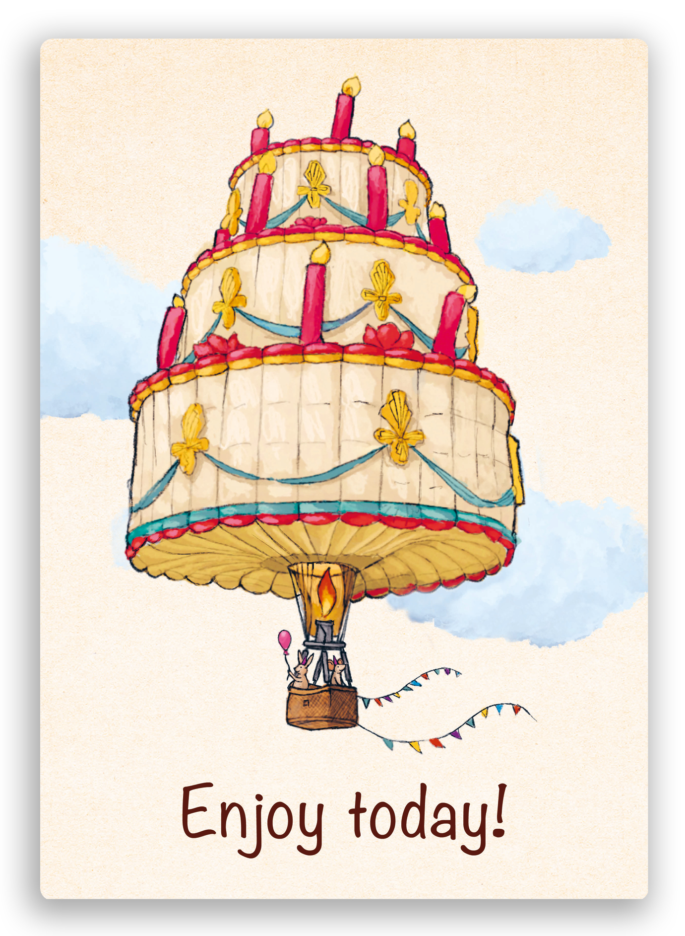 postkaart van een luchtballon als taart met de tekst geniet van vandaag 