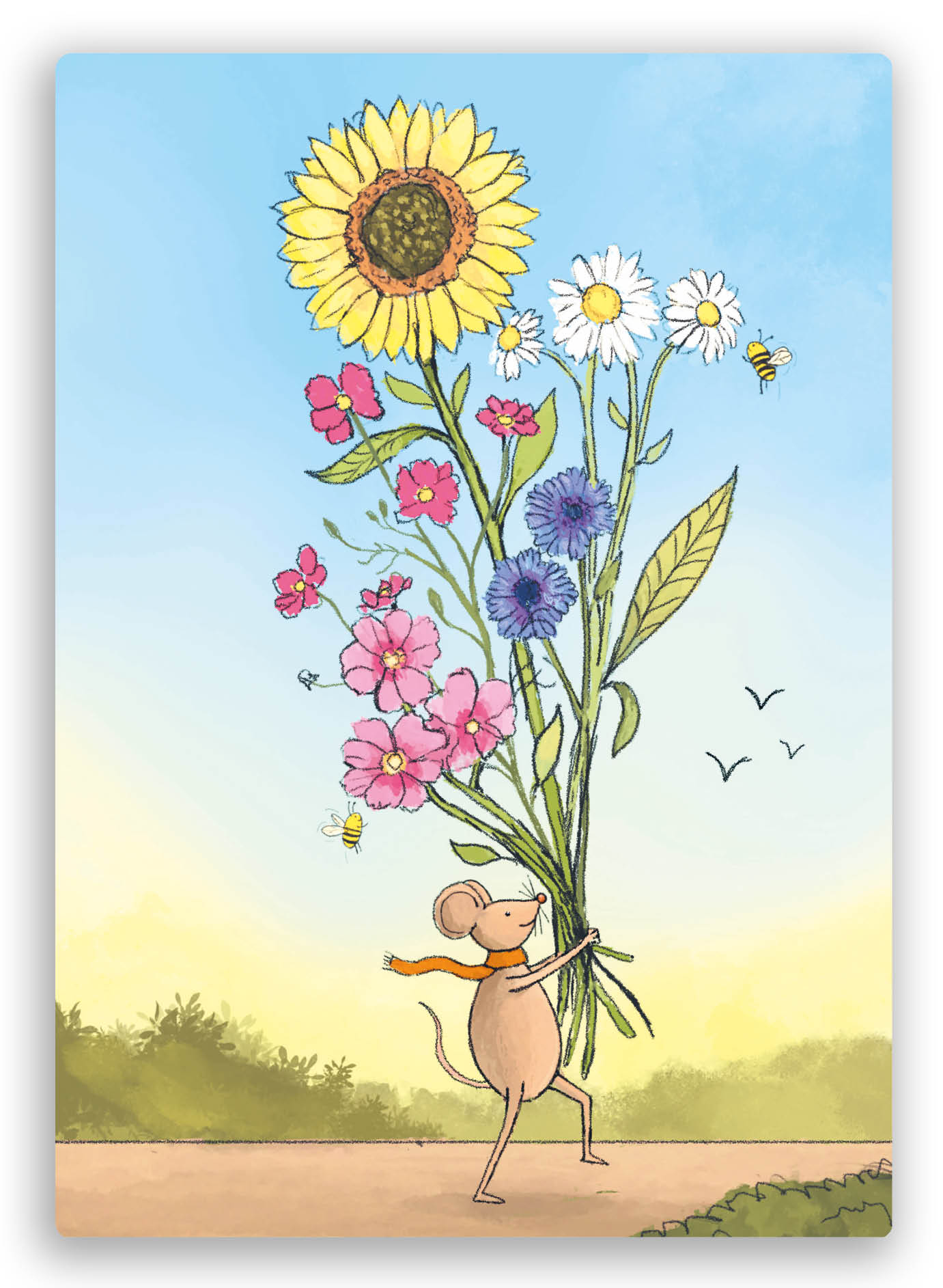 kleurrijke postkaart van een muisje die een bos bloemen vasthoudt