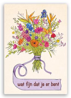 duurzame postkaart van een boeket - bloemen - met de tekst wat fijn dat je er bent