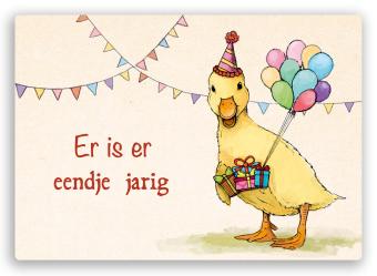 kleurrijke verjaardagskaart met afbeelding van een eendje en de woordgrap er is er eendje jarig
