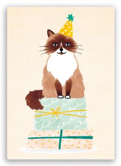 postkaart van een kat met feesthoed op staande op cadeautjes