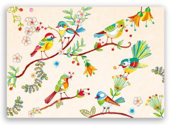 Kleurrijke postkaart met vogeltjes op takjes